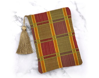 Deep Red Green and Orange Plaid Tarot Oracle Deck Bag with Silk Lining 5x7 Handcrafted in the USA