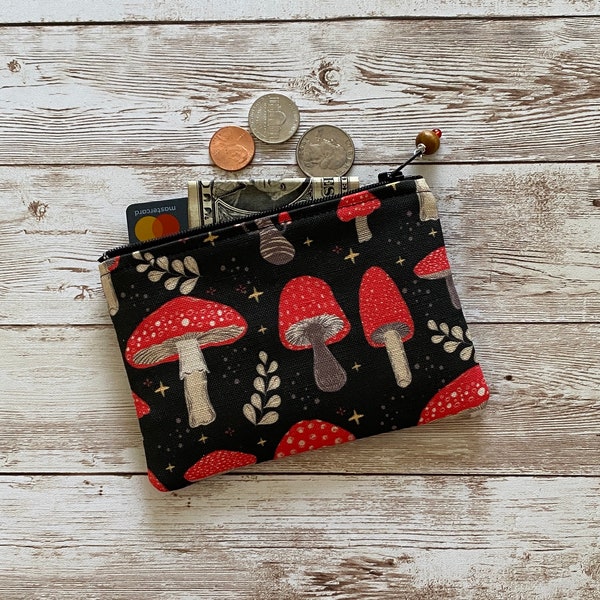 MUSHROOM Coin Purse, Small Zip Pouch, Small Wallet, Amanita Muscaria Red Magic Mushroom Gift Idea, Valentine Gift