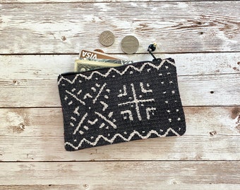 Black and Ivory Mud Cloth Coin Purse, Small Zip Pouch, African Small Wallet, Gift Idea, Christmas Birthday Valentine Gift
