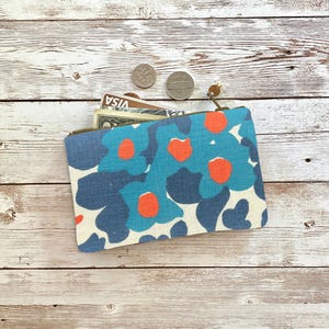 Retro Floral Coin Purse, Teal Blue and Orange Flowers Linen Small Zip Pouch, Small Wallet, Christmas Birthday Mother&#39;s Day Gift