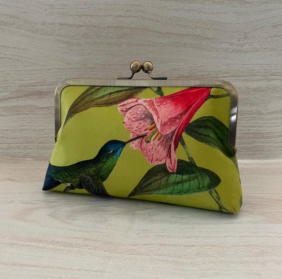 Hummingbird Clutch, Hibiscus Flower Clutch Bag, Green Pink Wedding Bridesmaid Bridal Mother Clutch Gift Idea, Bird Clutch