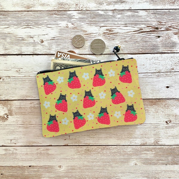 Black Cat Strawberry and Yellow Coin Purse, Cute Wallet Pouch Polka Dot and Flowers Yellow Red Pink, Gift for Cat Lovers