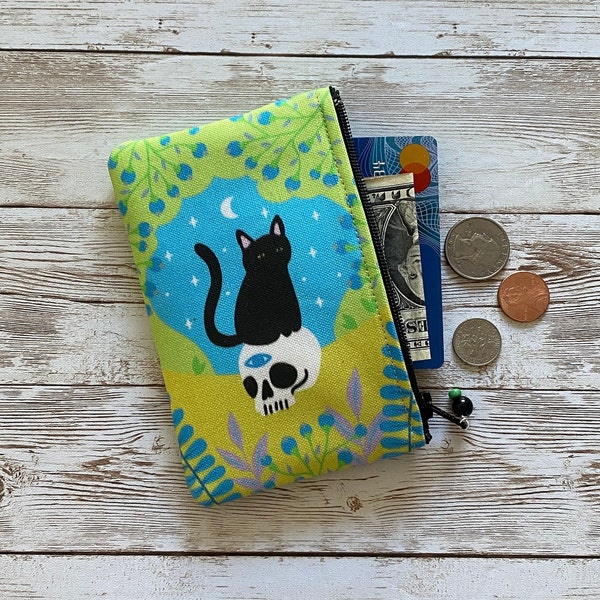 Black Cat and Skull Coin Purse, Small Pastel Cheery Cute Cat Zip Pouch, Small Wallet, Blooming Cat Bag, Cat Lover Gift Idea, Holiday Gift