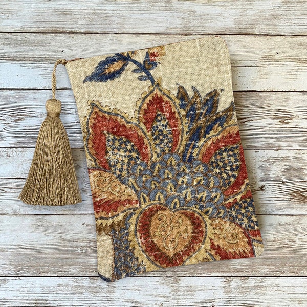 Blue Red Tan Floral Tarot Card Bag with Gold Silk Lining, 5x7 Handcrafted in the USA for Oracle Decks Crystals Runes Dice Bag