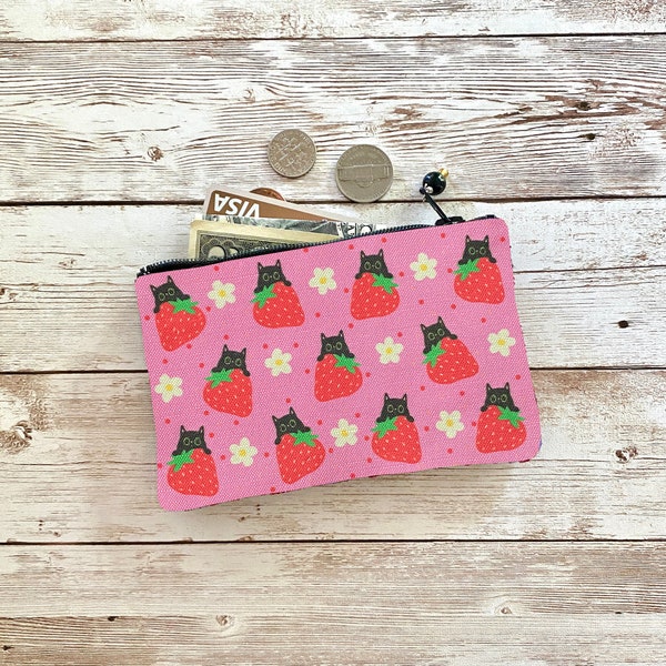 Cat Coin Purse, Black Cat Strawberry Pink Red Coin Purse, Cute Wallet Pouch Polka Dot and Flowers Gift for Cat Lovers Stocking Stuffer