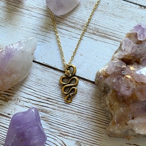 May include: A gold-colored snake pendant necklace. The snake pendant is detailed and coiled. The necklace is displayed on a wooden surface, surrounded by amethyst crystals in various shapes and sizes.