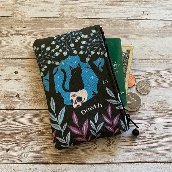 Black Cat DEATH Tarot Card Coin Purse, Small Zip Pouch, Small Wallet, Blooming Cat Bag, Tarot Gift Idea, Holiday Gift