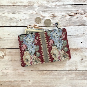 Victorian Coin Purse Floral Deep Red Blue Pink Tapestry Small Zip Pouch, Small Wallet, Carpet Bag Wallet
