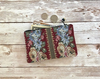 Victorian Coin Purse Floral Deep Red Blue Pink Tapestry Small Zip Pouch, Small Wallet, Carpet Bag Wallet