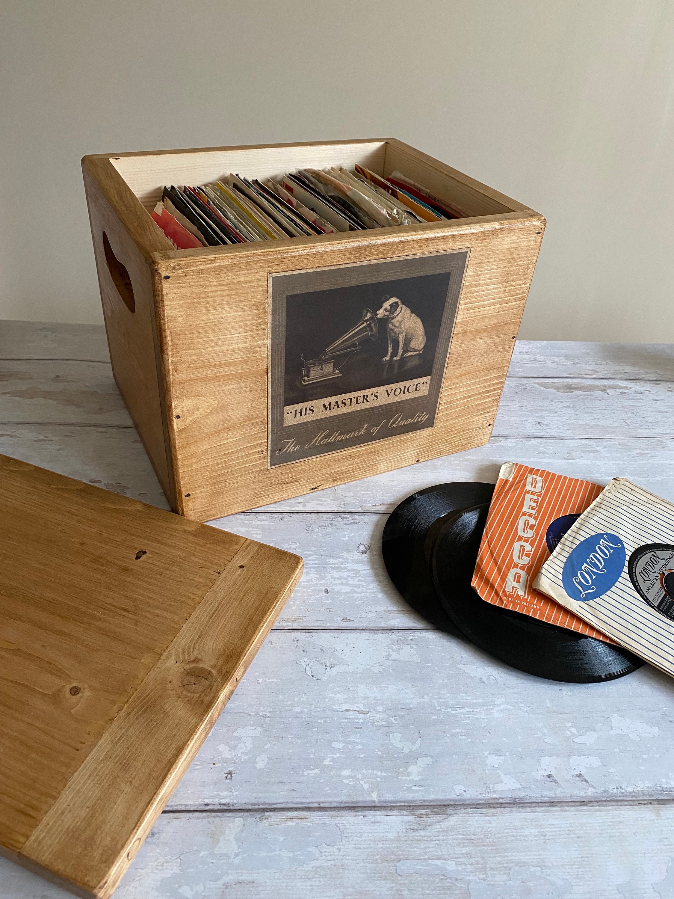 Record Box With Lid 7” Vinyl Storage Vintage Style HMV Label 120