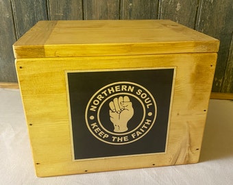 Record storage box with Lid 7 inch singles NORTHERN SOUL label case pine box