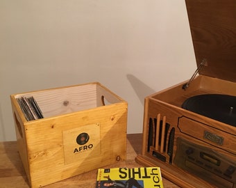 Vinyl record storage box 7 inch singles case pine box AFRO Label