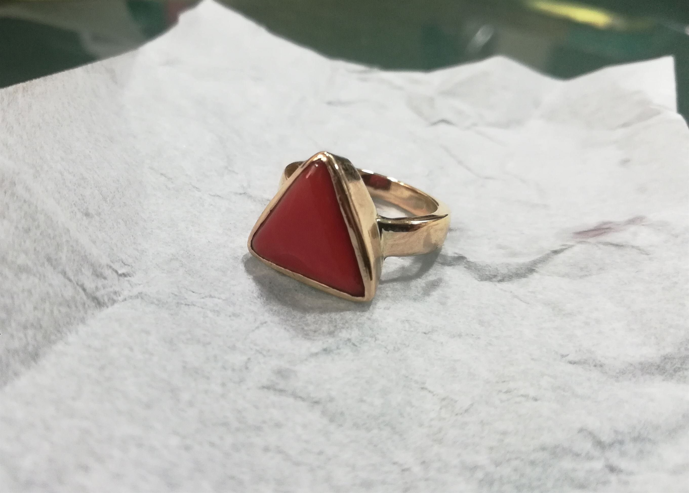 Triangular Red Coral Gold Ring (Design AC22) | GemPundit