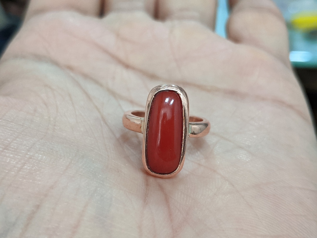 Certified 3-10ct Natural Red Coral (moonga) Gemstone Copper Ring - Main Image