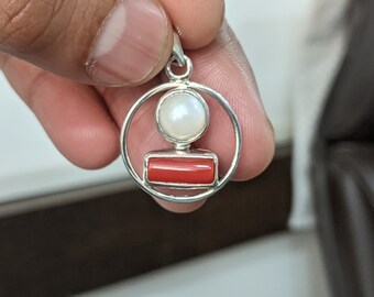 Natural Pearl Red Coral Gemstone Sterling Silver Pendant Certified  3-8ct Moti Moonga Locket Team Management Administrative Ladership