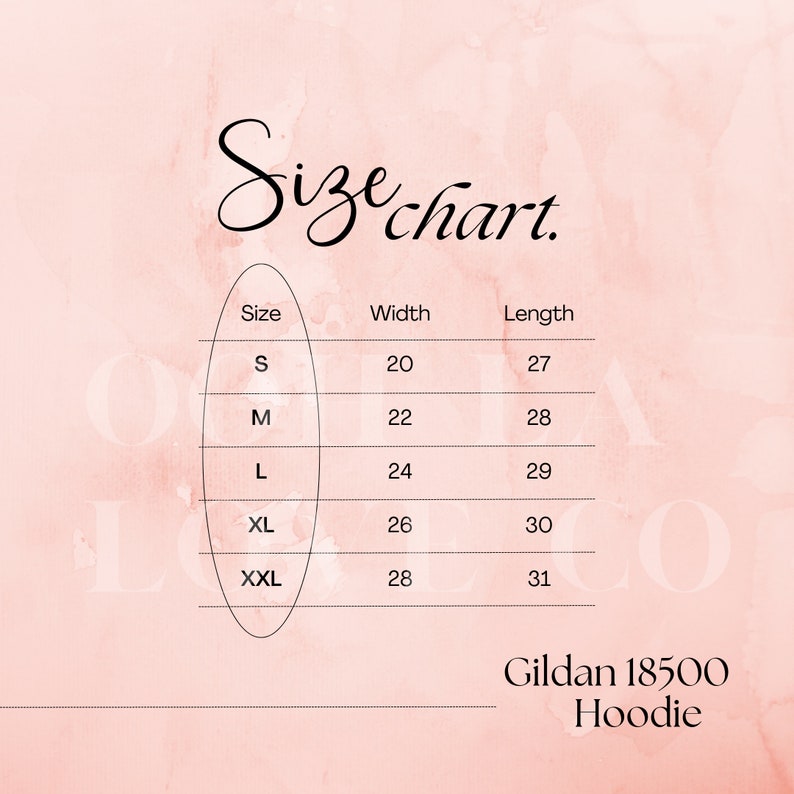 Op de afbeelding: Maattabel voor Gildan 18500 Hoodie. De tabel toont de breedte en lengte in inches voor de maten S, M, L, XL en XXL.