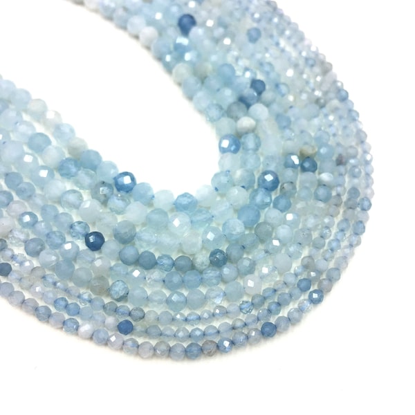 2mm 3mm 4mm Natural Aquamarine Beads Faceted Round Shape for Bracelets Necklace Diy Jewelry Making Gemstone Spacer Beads 15inch Long Strands