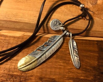 Sterling Silver Feather Necklace, Natural 925 Silver Feather Pendant Chain, Unique Bohemian Charm Double Feather Necklace for  Women and Men