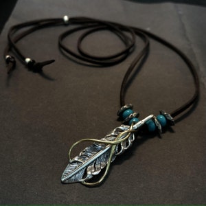 Sterling Silver Feather Necklace Leather Chain 925 Silver Single Feather Pendant Chain, Unique Bohemian Charm Necklace for  Women and Men