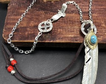 Goro Takahashi of Japan Feather Pendant Necklace S925 Sterling Silver Turquoise Bead 25.6 Inches long Chain Amekaji Style for Man Women Gift