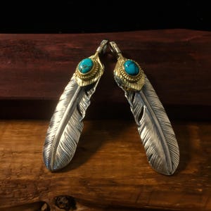 66x14mm Retro Turquoise Feather Pendant 925 Sterling Silver Pendant Japan Takahashi Goro Pendant Jewelry Marking for Necklace Earring