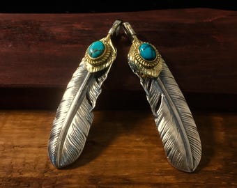 66x14mm Retro Turquoise Feather Pendant 925 Sterling Silver Pendant Japan Takahashi Goro Pendant Jewelry Marking for Necklace Earring