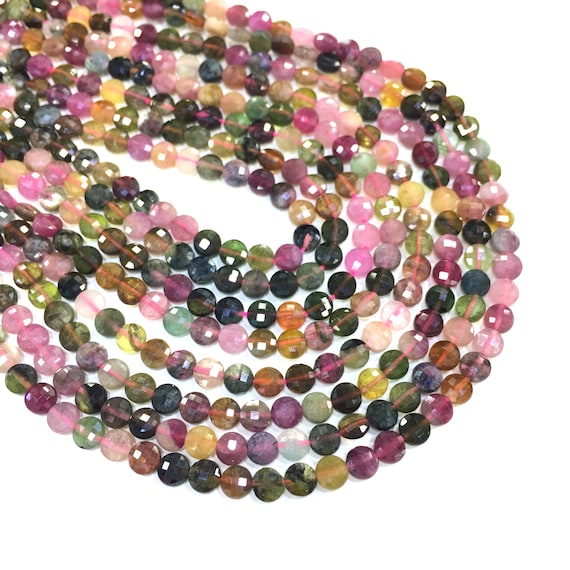 Tourmaline Beads Natural Faceted Coin Genuine Gemstone Loose Spacer Energy Stone for Bracelet Necklace DIY Jewelry Making Design 4mm 15"