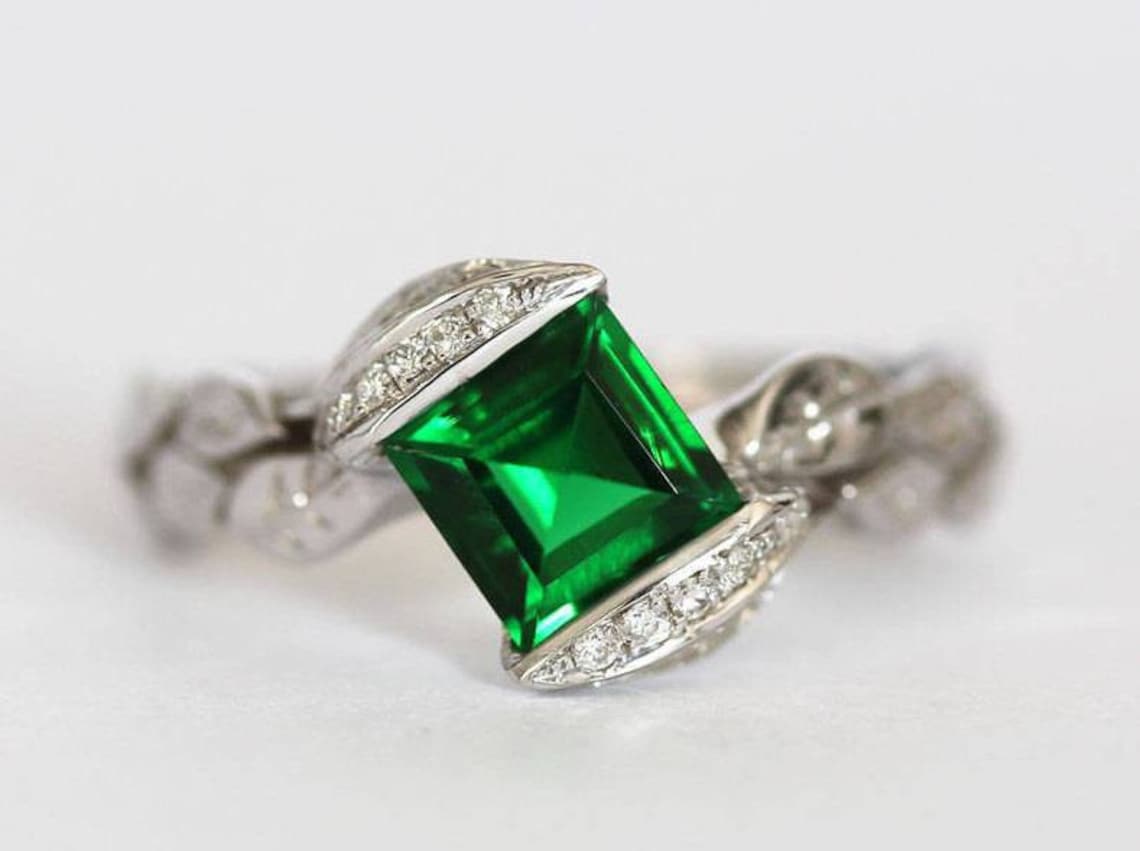 Lab Created Emerald Ring 925 Sterling Silver Ring square Cut Etsy