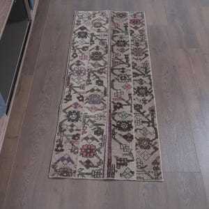 Short Runner Rug 2x5, Vintage Style Turkish Runner, Patchwork Floor Mat, Boho Accent Rug, Upcycled Wool Runner, Muted Floral Decor, 1.8x4.7