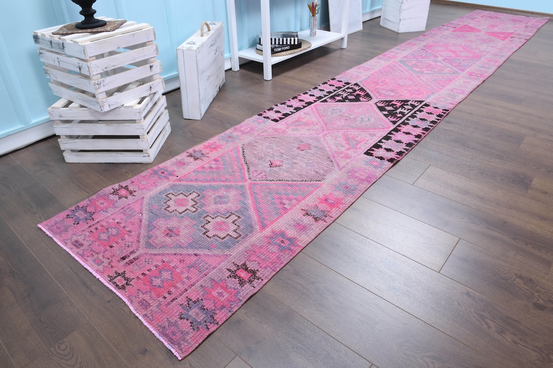 2'7x16'5 Ft, HERKI, TURKISH RUNNER Rug, Pink Runner Rug, Handmade Rug