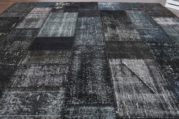 ブラックパッチワークトルコラグ：ヴィンテージハンドメイドエリアラグ