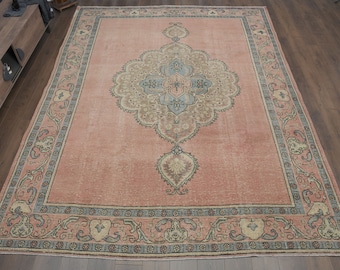 Pink Oushak Turkish Rug (9'5x12'2 ft): Vintage Wool Bohemian Area Rug