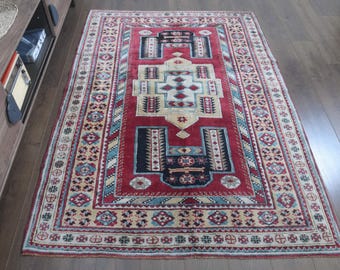 Vintage Turkish Red Colorful Rug: Handwoven Wool Area Rug, 4'9x6'9 ft
