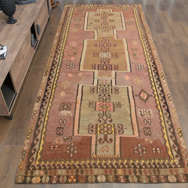 Vintage Oushak-wollen vloerkleed: 4,9 x 11,9 ft, vervaagd paarsbruin decortapijt