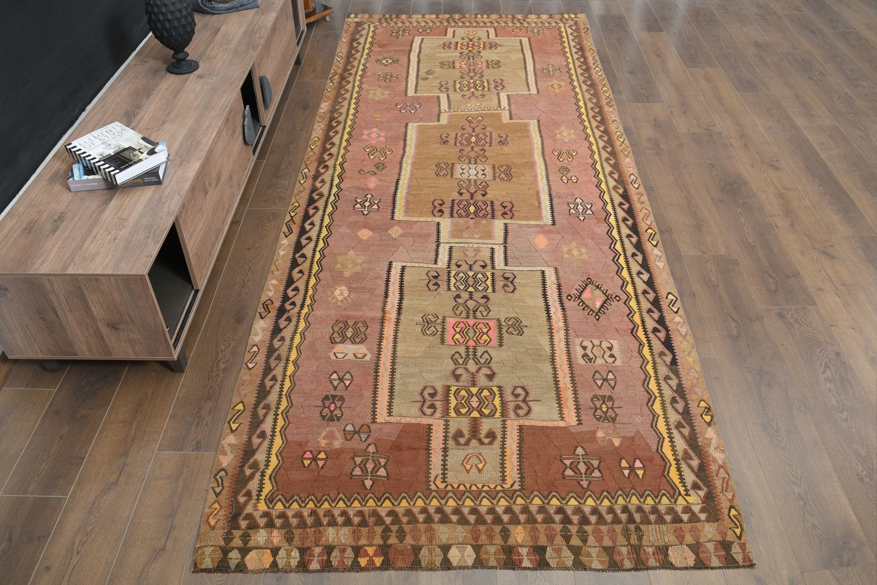 ヴィンテージ ウシャック ウールラグ：4.9x11.9フィート、色あせた