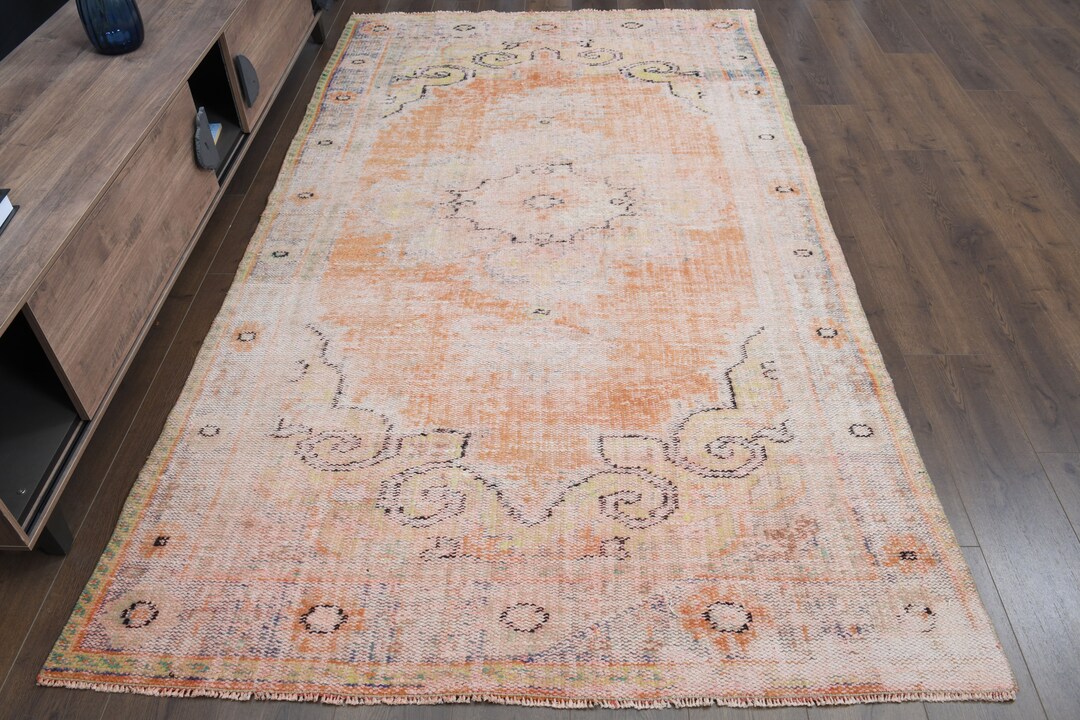 Handmade Turkish Oushak Wool Rug: Vintage Orange Area Rug 5'2x9'2