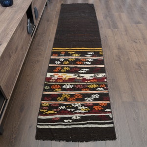 2x8 KILIM BROWN RUNNER, Brown Yellow White, Turkish Runner Rug, Flatweave Soft Kitchen Runner Rug, Goat Hair Kilim Runner, Oushak Runners