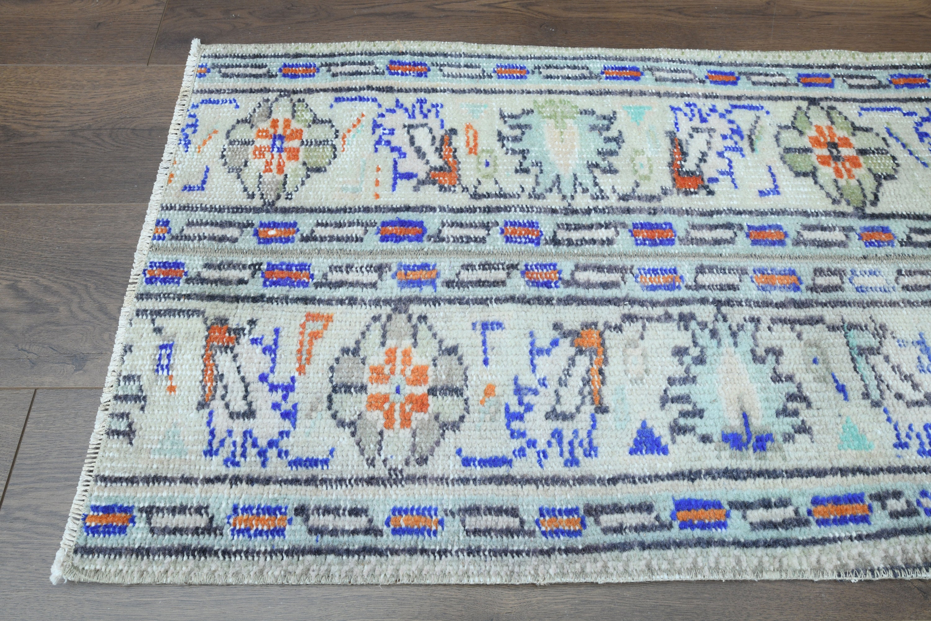 ベージュ／57×219ブルー パッチワーク ランナー トルコヴィンテージラグ