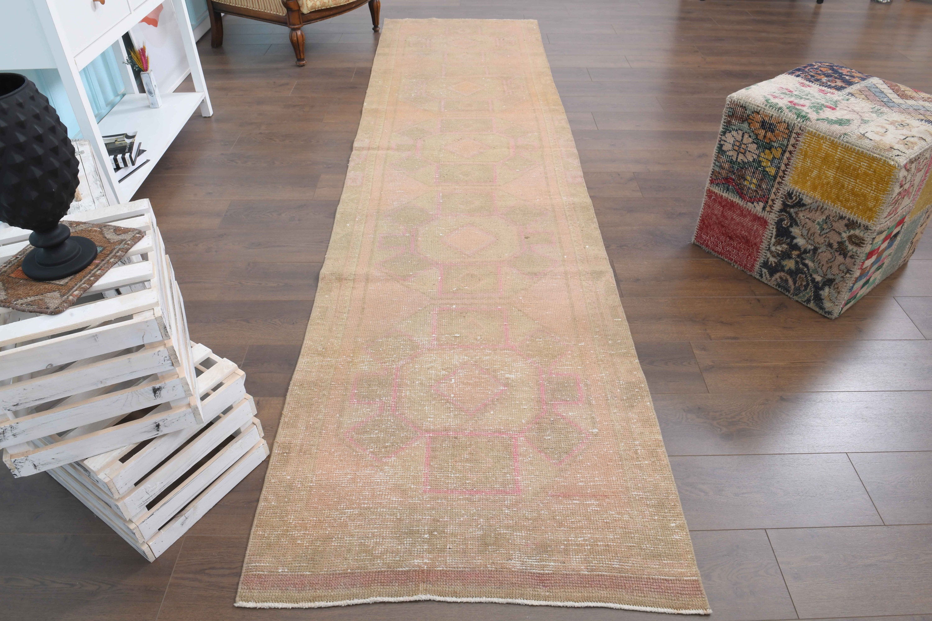 Shabby Chic Turkish Runner Rug: Hand-knotted Vintage Decor (3'1x12