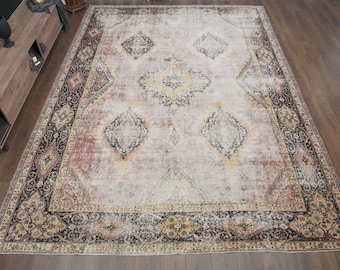 Large Pink Oushak Rug: 10x13 Vintage Turkish Floral Rug