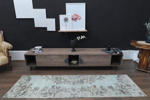 花柄トルコ製ランナーラグ：グリーンブラウンヴィンテージウシャック