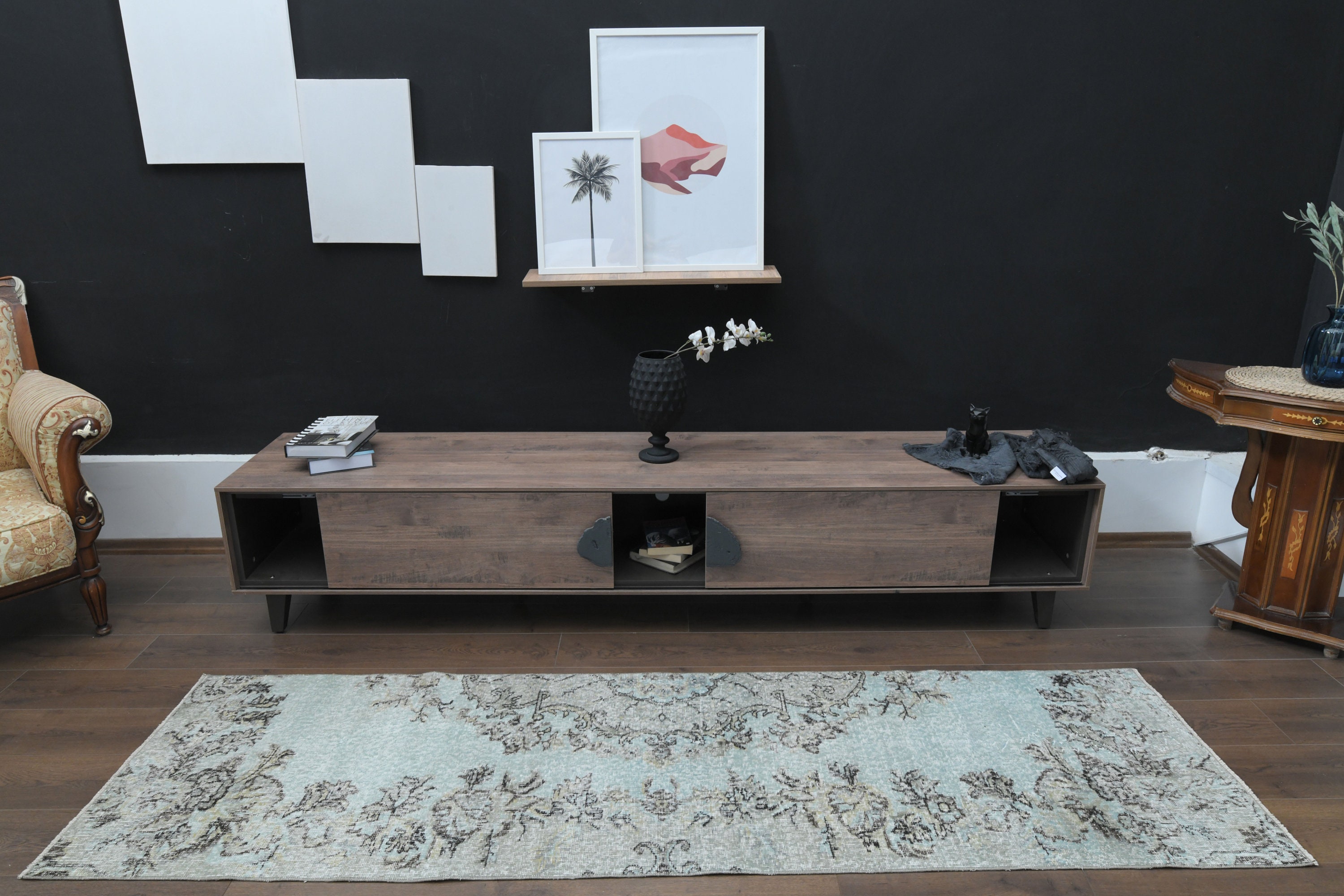 花柄トルコ製ランナーラグ：グリーンブラウンヴィンテージウシャック