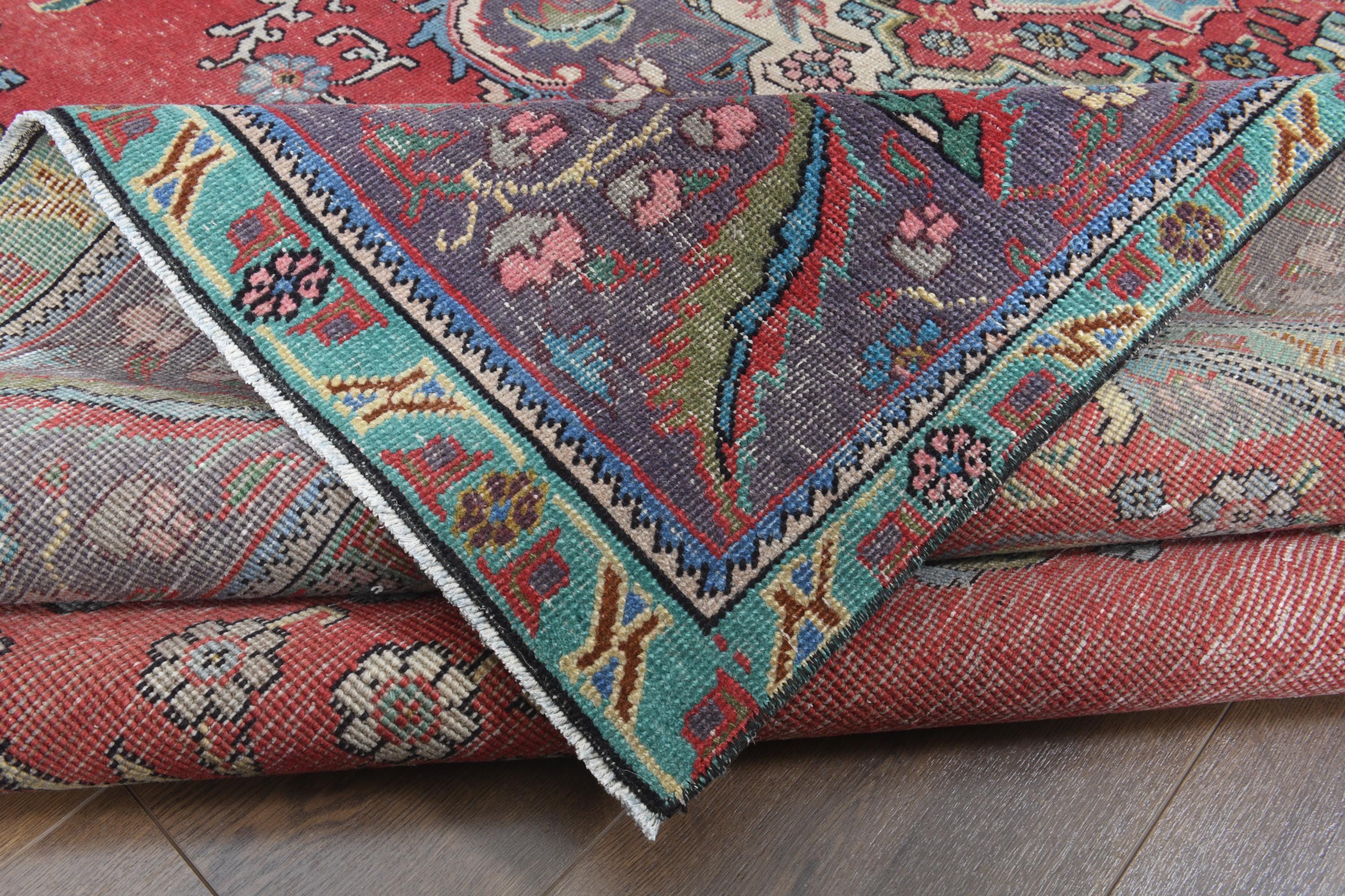 Grand Tapis Patchwork Vintage 240x168 Cm - Laine Nouée Main - Overdyed Turquoise/rouge/violet