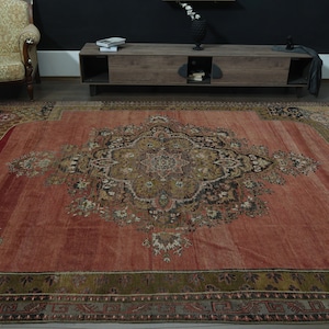 8&#39;9x13&#39;1 ft, ORANGE LUXURY RUG, Vintage Turkish Rug, Blue Pink, Vintage Rug, Area Rug 9x13, Minimalist Rug, Home Decor, Rugs for Living Room