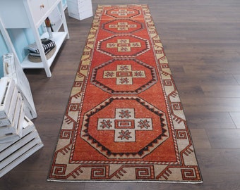 Colorful Turkish Runner Rug: 3'5x12'2 ft Vintage Wool Handmade Rug