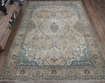 9&#39;4x13&#39;4 ft, LUXURY TURKISH RUG, Handmade Rug, Vintage Rug, Faded Orange Blue Rug, Decor Rug 9x13, Kitchen Rug, Oversized Area Rug, Etsy Rug