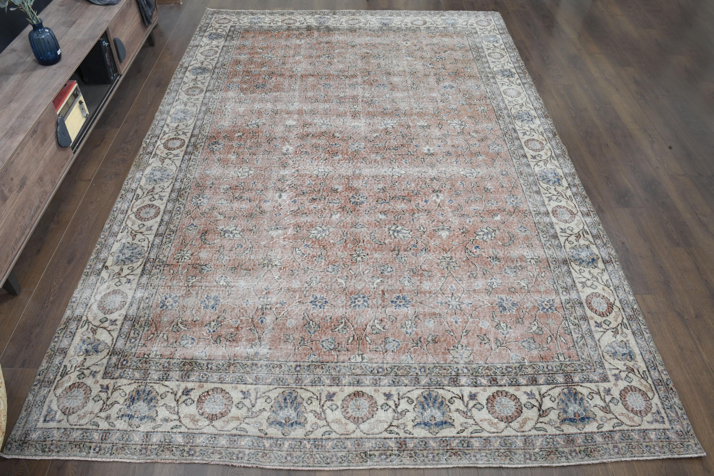 Orange Floral Turkish Rug: Vintage Hand-knotted Area Rug (8'4x11'7