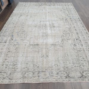 May include: A rectangular area rug featuring a faded beige and light gray color palette. The rug displays a central medallion surrounded by intricate floral and geometric patterns, enclosed within a wide, detailed border of repeating motifs.