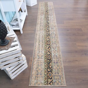 Op de afbeelding: Een lang, rechthoekig tapijt met een gedempt, vintage ontwerp. Het tapijt heeft een centrale zwarte streep met ingewikkelde patronen in tinten groen, oranje en blauw. Het tapijt ligt op een houten vloer.