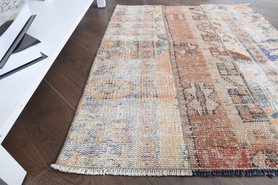 Small Turkish Vintage Patchwork Rug: Beige & Orange Tribal Mat (2
